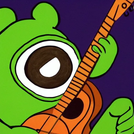 Prompt: sad pepe the frog playing the guitar