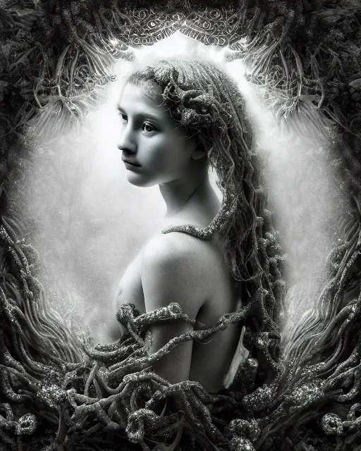 Image similar to surreal mythical dreamy underwater artistic bw photo of a beautiful young female angelic - medusa - cyborg covered with fish scales and algae, highly detailed, intricate crystal ivy jelly fish scales ornate, poetic, octane render, 8 k, photo - realistic, in the style of gustave dore and preraphaelites