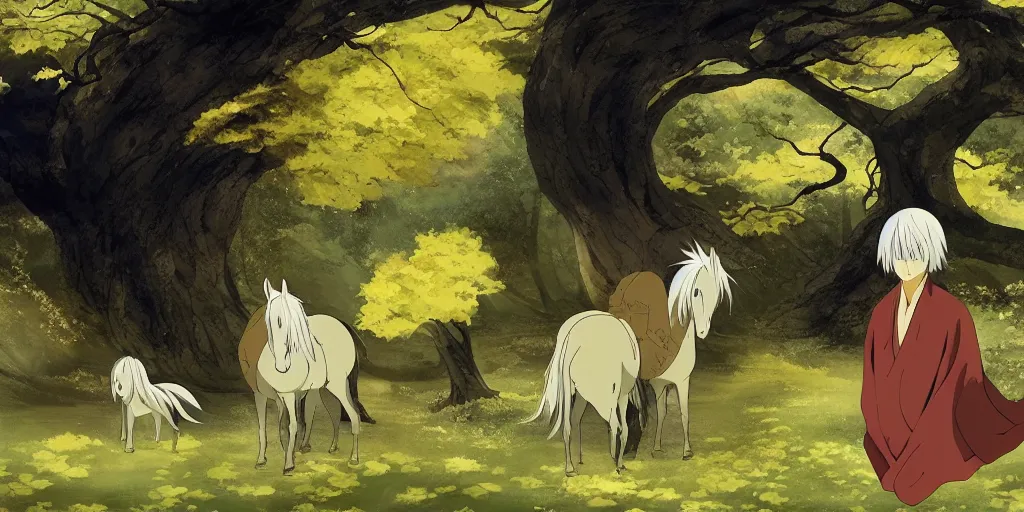 Image similar to ginko showing a new horse mushi, mushishi by mutsumi akasaki, studio ghibli, artgem, mutsumi akasaki, shinkai, makoto, wallpaper splash art promo art