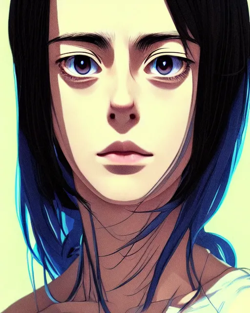 Image similar to portrait Anime kaya scodelario, skins, cute-fine-face, black-hair, blue eyes, pretty face, realistically shaded, Perfect face, fine details. Anime. skins, realistic shaded lighting by Ilya Kuvshinov, katsuhiro otomo, ghost-in-the-shell, magali villeneuve, artgerm, rutkowski, WLOP