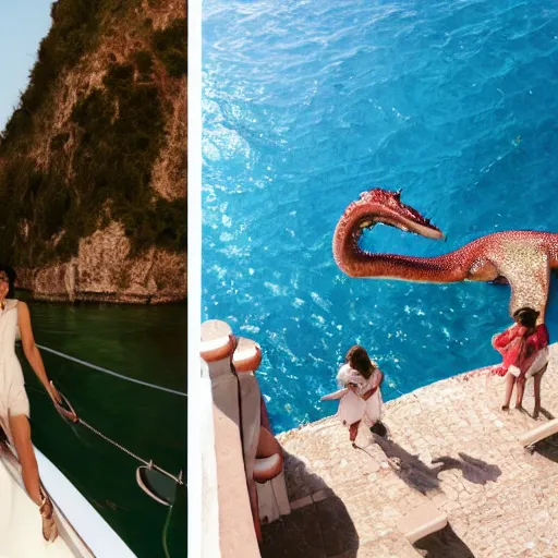 Image similar to Photostock of the honeymoon in Italy of a chic woman in Gucci with an enormous sea monster