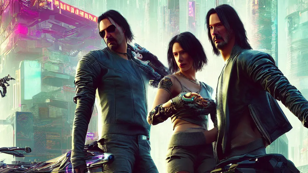 Image similar to a cyberpunk 2077 srcreenshot couple portrait of a Keanu Reeves holding a female androids,love,film lighting,by Laurie Greasley,Lawrence Alma-Tadema,Dan Mumford,John Wick,Speed,Replicas,artstation,deviantart,FAN ART,full of color,Digital painting,face enhance,highly detailed,8K,octane,golden ratio,cinematic lighting