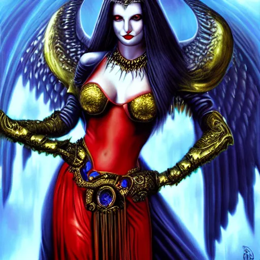 Image similar to professional portrait photography, evil godess, by anne stokes