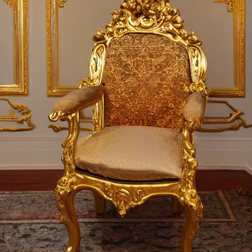 Image similar to photo of a barock chair with gold ans ornament, 8k , hyperrealistic details