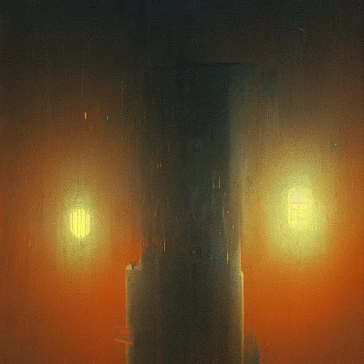 Prompt: detailed painting of a highrise pod by beksinski interior, volumetrics lights, beam of bright lights through the fog, andreas achenbach