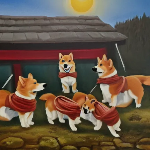 Image similar to oil painting on matte canvas of corgi samurais preparing for battle