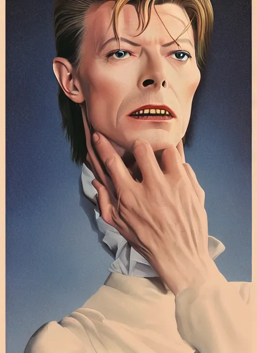 Prompt: twin peaks poster art, portrait of david bowie contemplating lois duffy, who said'i'm like the blue rose'before dying and disappearing, by michael whelan, rossetti bouguereau, artgerm, retro, nostalgic, old fashioned