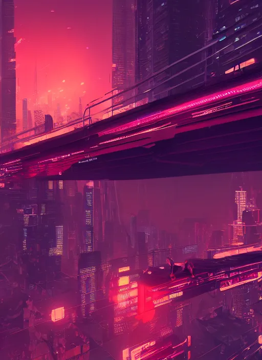 Prompt: Panfuturism cyberpunk art of a man standing on top of a bridge over a city, by Reuben Tam, Artstation contest winner, synthwave, retrowave, 2d game art