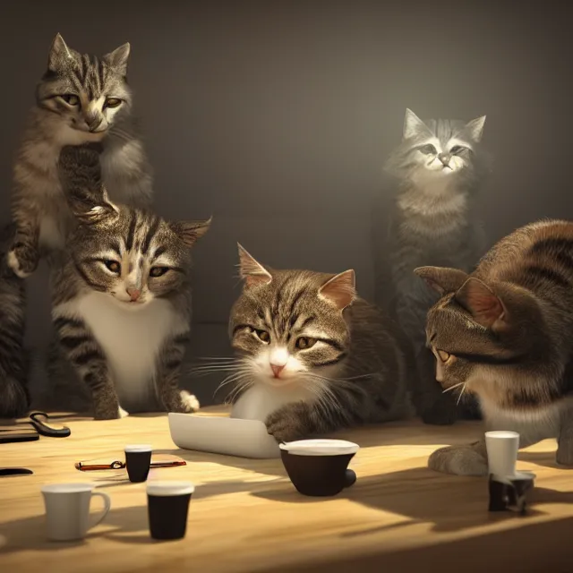 Image similar to cats in a business meeting, dark cinematic, volumetric, realistic, cinematic lighting, ray tracing, unreal engine 5, unreal engine render, octane render, hyper realistic, photo, 8 k