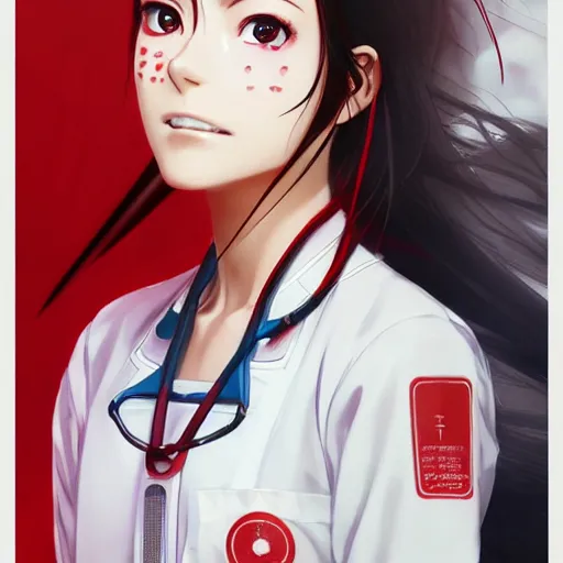 Image similar to manga girl in a white medical uniform with red details, fine - face, olivia wilde, realistic shaded perfect face, fine details. anime. realistic shaded lighting poster by ilya kuvshinov katsuhiro otomo ghost - in - the - shell, magali villeneuve, artgerm, jeremy lipkin and michael garmash and rob rey