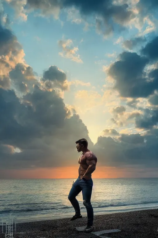 Image similar to a very muscular and defined man wearing ripped pants and shirt looking to the sea at sunset, godrays, complementary colors, natural lighting, portait image, path tracing, serene landscape, high quality, highly detailed, 8K, soft colors, warm colors, turbulent sea, high coherence, anatomically correct, hyperrealistic, concept art, defined face, five fingers, looking to the camera