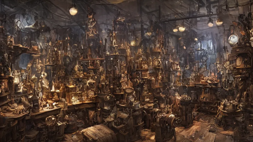 Image similar to A steampunk store, by Danar Worya and Greg Rutkowski, and artgerm, ultra detailed displays of weapons and clockwork machinations densely packed on shelves, volumetric lighting, 8k, unreal engine, trending on artstation