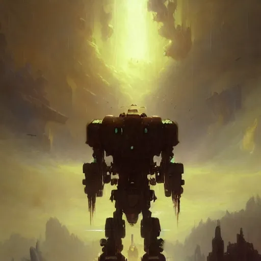 Prompt: a giant mech robot full detailed realistic atmosferic made by ivan aivazovsky, peter mohrbacher, greg rutkowski volumetric light effect broad light oil painting painting fantasy art style sci - fi art style realism premium prints available artwork unreal engine