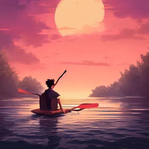 Prompt: Mark Twain as Huckleberry Finn, riding a raft down the mississippi, ambient lighting, 4k, anime key visual, lois van baarle, ilya kuvshinov, rossdraws, artstation