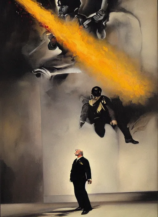 Image similar to hitler, suicide, crying, muzzle flash, funny painting by phil hale, fransico goya,'action lines '!!!, graphic style, visible brushstrokes, motion blur, blurry, visible paint texture, crisp hd image