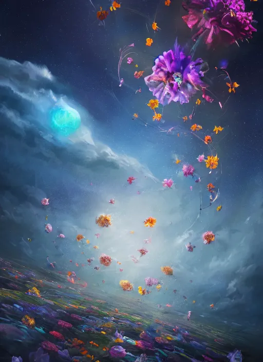 Image similar to An epic fantastic realism comic book style painting of the most beautiful spiraling flowers launched across the dark and starry galaxy, floating bouquets, fisheye lens, unreal 5, DAZ, hyperrealistic, octane render, dynamic lighting