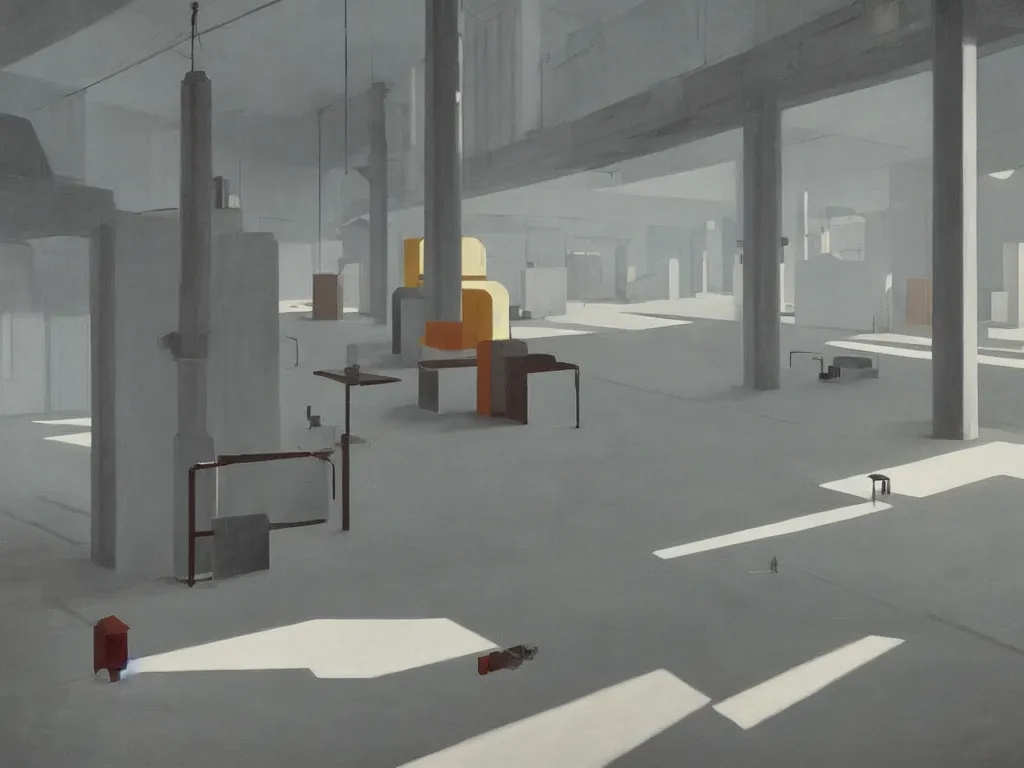 Image similar to colorful minimalist industrial interior bauhaus floors with monolithic pillars in the style of ridley scott and stanley kubrick, impossible stijl architecture, lone silhouette in the distance, ultra wide angle view, cinematic, god rays, volumetric lighting, realistic detailed painting by edward hopper