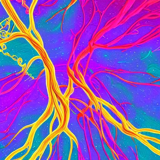 Image similar to the human nervous system in fantastic colours floating in space. digital art.