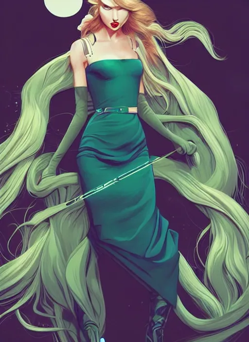 Image similar to style artgerm, joshua middleton, taylor swift with green dress, very long blue hair, symmetrical face, symmetrical eyes, steampunk western gunslinger with cyborg arm, cinematic lighting