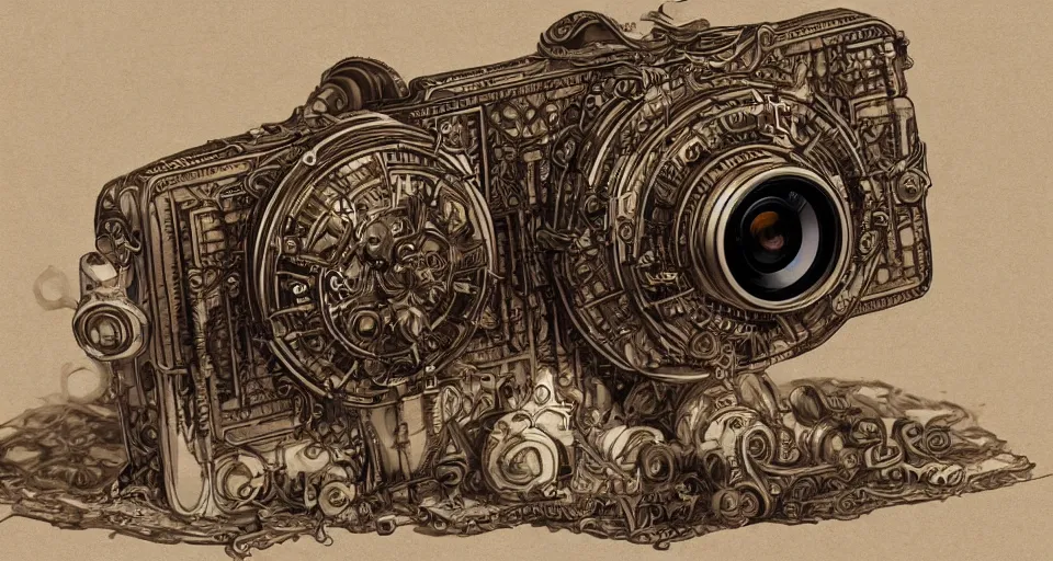 Image similar to A beautiful artwork illustration, extremely detailed and advanced steampunk-themed camera , featured on artstation, wide angle, horizontal orientation