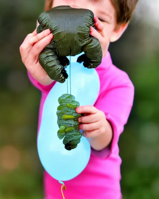 Prompt: child holding a balloon tardigrade on a string. helium balloon in the shape of a cute tardigrade.