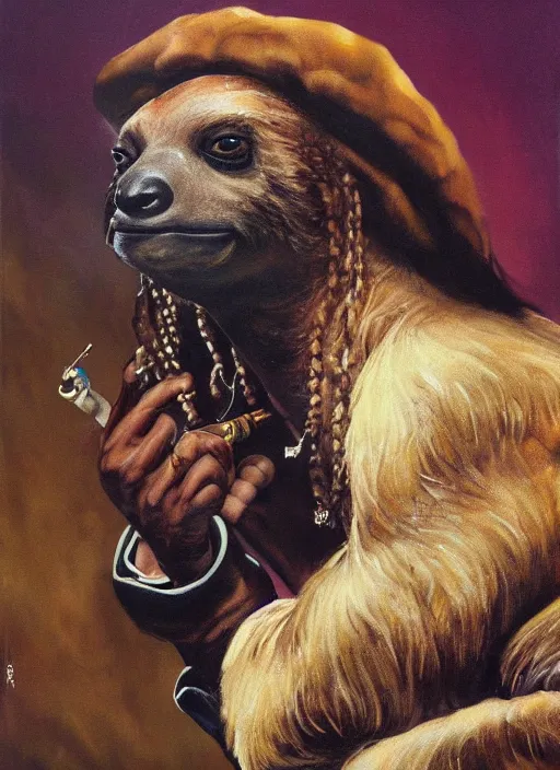 Prompt: ultra realistic portrait painting of snoop dogg as a sloth smoking a lit joint, art by frank frazetta, 4 k, ultra realistic, highly detailed, epic lighting