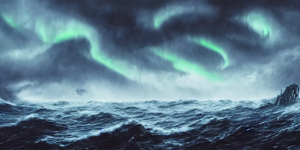 Prompt: evil eldritch lovecraftian scenery seascape, lord of the rings, rough oceans, aurora borealis, mist, leviathan, tentacles, stormy weather, waves, highly detailed, bleak color, perfect lighting, perfect composition, 8 k, brian froud, artgerm, derek zabrocki, greg rutkowski