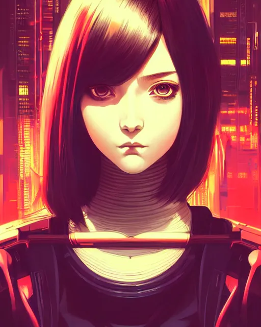 Image similar to a comic potrait of a cyberpunk cyborg girl with big and cute eyes, fine - face, realistic shaded perfect face, fine details. night setting. very anime style. realistic shaded lighting poster by ilya kuvshinov katsuhiro, magali villeneuve, artgerm, jeremy lipkin and michael garmash, rob rey and kentaro miura style, trending on art station