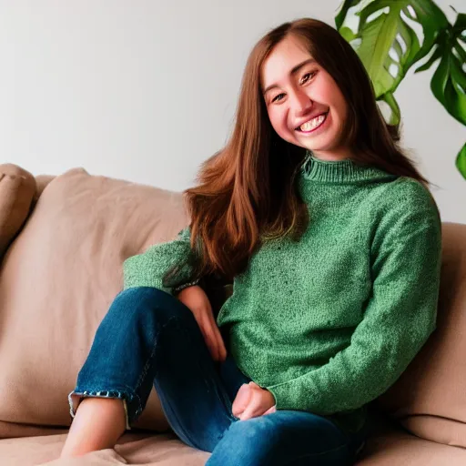 Image similar to Photo of a cute young woman smiling, long shiny bronze brown hair, full round face, green eyes, medium skin tone, light cute freckles, smiling softly, wearing casual clothing, relaxing on a modern couch, interior lighting, cozy living room background, medium shot, mid-shot, soft focus, professional photography, Portra 400