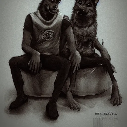 Image similar to two humanoid german shepherds beast - men, sitting on a couch and hugging together, artstation, concept art, smooth, sharp foccus ilustration, artstation