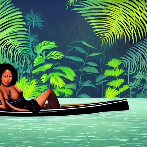 Image similar to a black woman lying down in a canoe that is floating down a river on an alien planet, in the background is lush alien jungle, detailed face background detail, graphic novel,