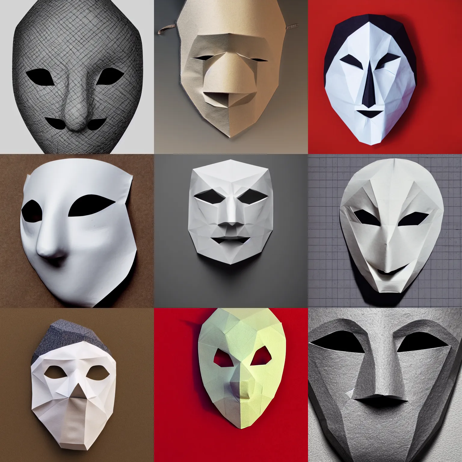 Prompt: Photograph of a paper mask in the style of low-polygon. 8k, HD, catalog photo