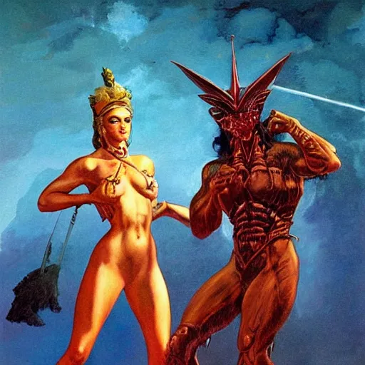 Prompt: princess of mars but with gal godot, photorealistic painting by frank frazetta and boris vallejo