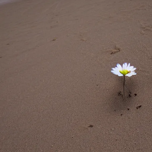 Image similar to a single small pretty desert flower blooms in the middle of a bleak arid empty desert, sand dunes, clear sky, low angle, dramatic, cinematic, tranquil, alive, life.