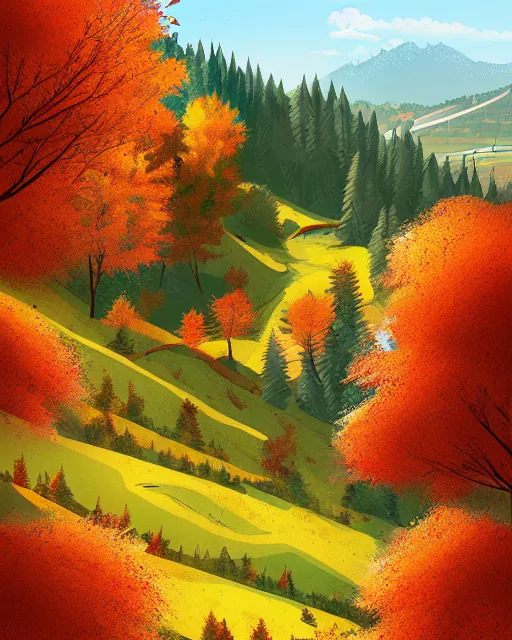 Image similar to autumn hillside boy hiking illustration detailed, by quentin mabille