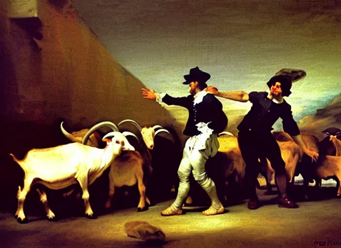 Image similar to man dancing with goats by francisco de goya and greg rutkowski, detailed masterpiece oil painting