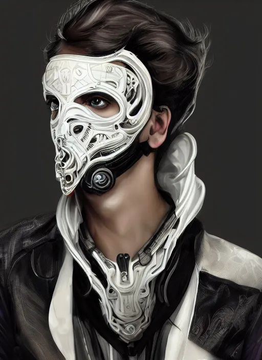 Prompt: a handsome male cyborg with a white techwear mask, purple garment with art nouveau ivory accessories, dressed in black intricate lace and jewels, ethereal, misty, cyberpunk, darksynth, luxury, concept art by zeen chin, extremely detailed, artstation, andree wallin, edvige faini, alphonse mucha, 8 k, unreal engine 5