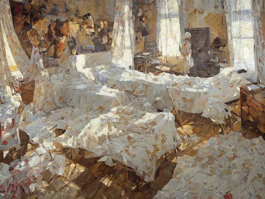 Prompt: bedroom, heatwave, Denis sarazhin, oil on canvas