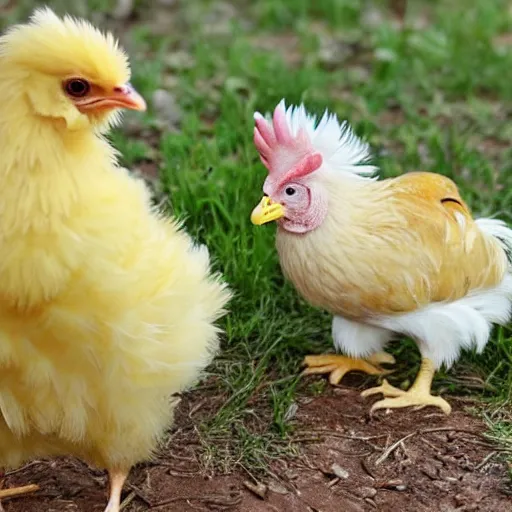 Prompt: a light yellowish downed baby chick is standing in a barnyard nearby there is a rooster and a birthday cake