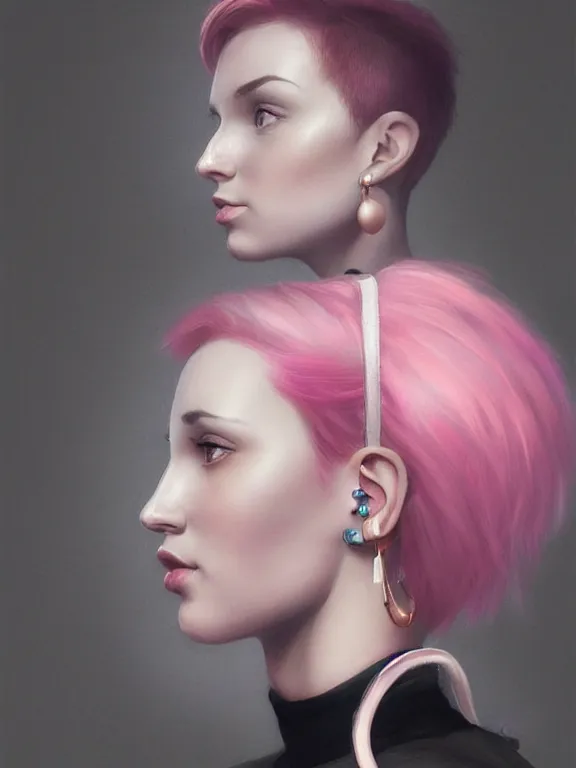 Image similar to beautiful russian girl with short pink hair and nose piercing, wearing airpods, a black choker, thin round earrings, winds of winter, au naturel, hyper detailed, digital art, trending in artstation, cinematic lighting, studio quality, smooth render, octane rendered, concept art, sharp focus, illustration, art by artgerm and greg rutkowski and wlop