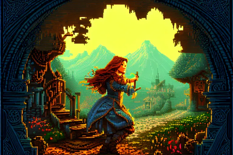 Image similar to the bard's tale, beautiful detailed pixelart by albertov, intricate details, beautiful, dithered gradients, volumetric lighting, cgsociety, artstation, smooth, sharp focus, 2 d illustration, amazing art by dan mumford