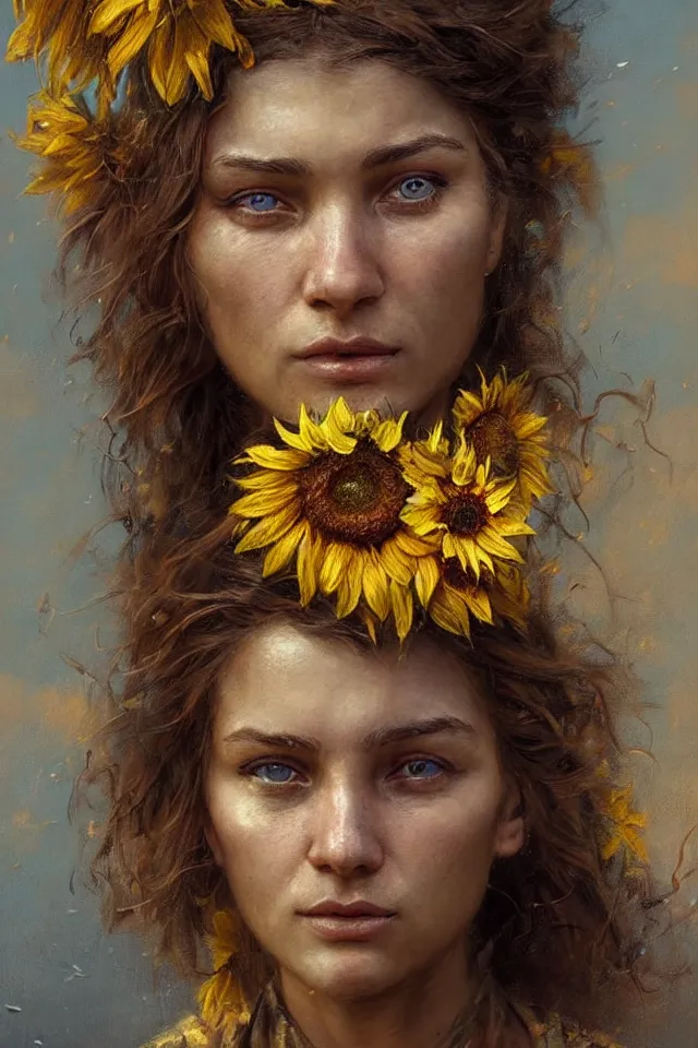 Image similar to face portrait of a female ukraine soldier with a sunflower in her hair, summer season, moody scene, highly detailed, intricate, sharp details, summer vibe, gorgeous scene by gaston bussiere, craig mullins, somber lighting, drawn by giacomo burattini, inspired by graphic novel cover art, hyperrealistic, 8 k by rhads