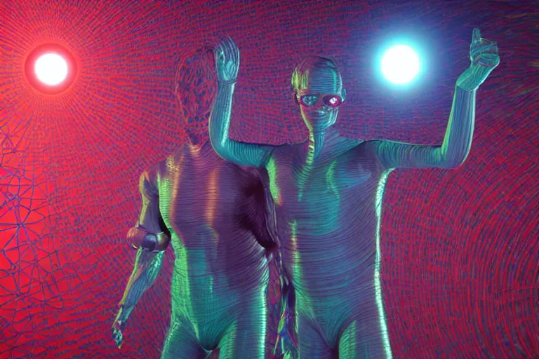 Image similar to full body, alan turing wrestling with agent smith, sculpture by auguste rodin, multicolored glowing tubes, glowing digital eyes, 8 k, front shot, symetrical, flourescent colors, halluzinogenic, multicolored, insanely detailed, 3 d render, octane