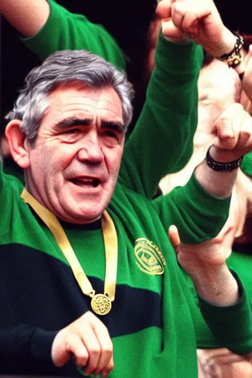 Prompt: gordon brown, his hair is black, wearing a green umbro tracksuit and gold necklace star with 1 3 points shaped medallion, hands raised in the air,