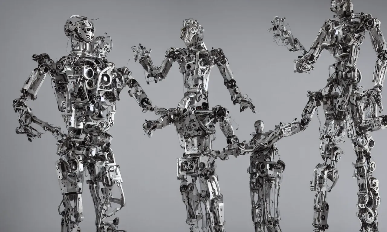 Prompt: a movie with humanoid robots made of intricate metal parts
