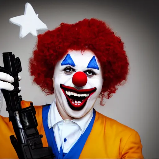 Image similar to Photograph of a clown with a gun looking frantic