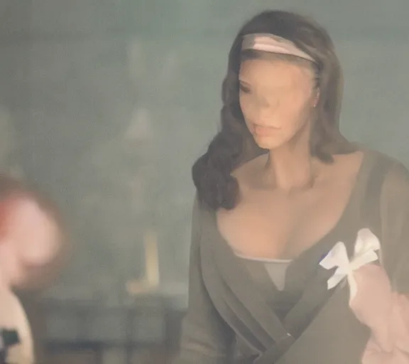 Image similar to a movie still of kim kardashian as a nun with her bust slightly showing. backround : church interior