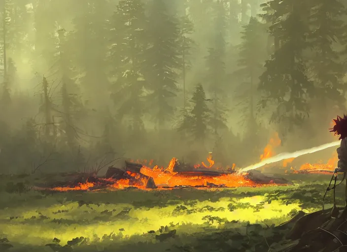 Prompt: a crash-landing sight of a spaceship in a forest, smoke in the air, atmospheric lighting, debris on ground, smoke and flame on ship. By Makoto Shinkai, Stanley Artgerm Lau, WLOP, Rossdraws, James Jean, Andrei Riabovitchev, Marc Simonetti, krenz cushart, Sakimichan, trending on ArtStation, digital art.