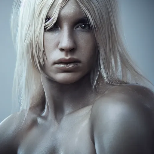 Image similar to legendary blond female warrior, shallow depth of field, moody lighting, 8 k, concept art, 2 0 mm lens,