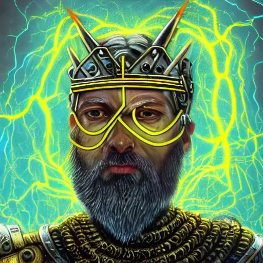 Image similar to mythological odin all father Shaman of artificial intelligence creating an artificial neural network with thunder with yellow synapses on an anvil, high resolution, award winning art, trending on art station, sharp image, incredibly detailed, detailed character realistic painting